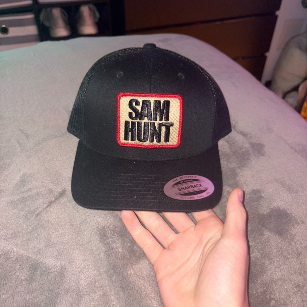 Black Snapback Hat with Red and White Patch